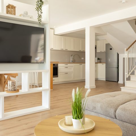 Open-plan living room with kitchen and dining area